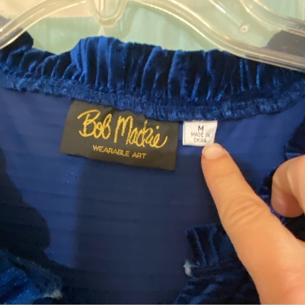 Bob Mackie Blue Velvet Boho Bell Sleeve Dress Sz Medium - Picture 2 of 8